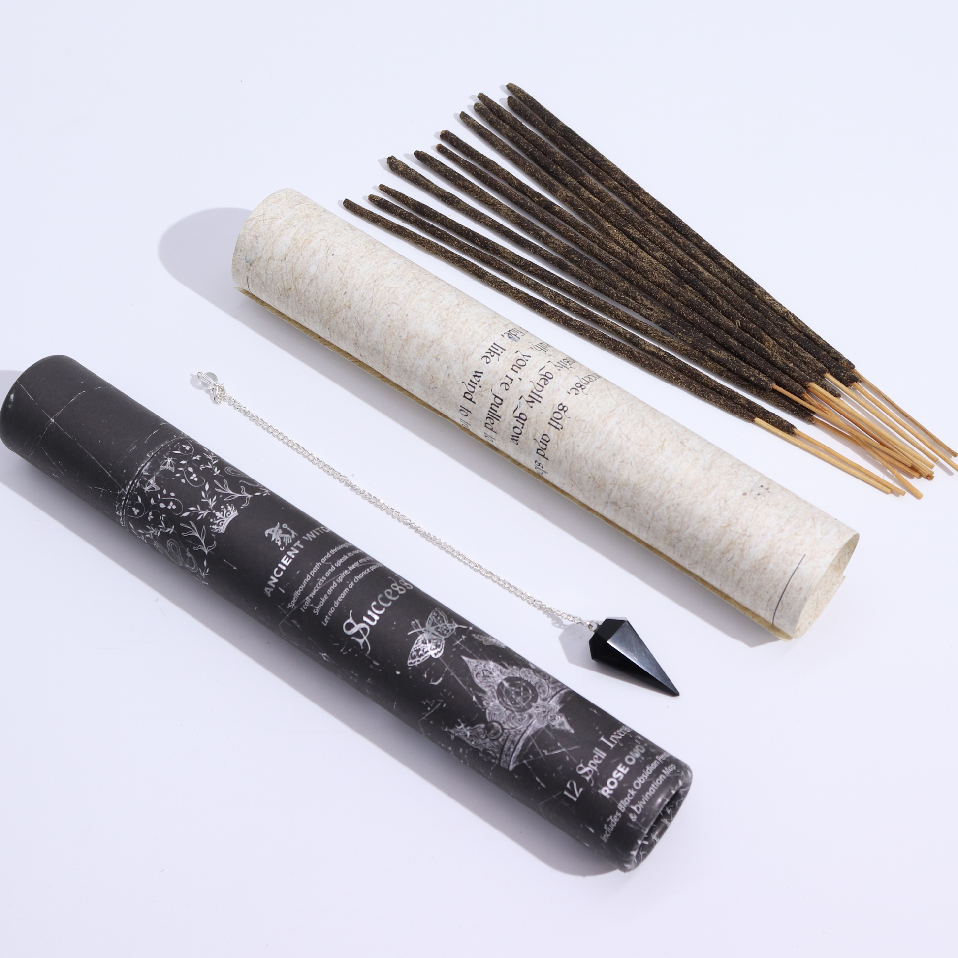 Ancient Witch Spell Incense, Map and Black Obsidian Pendulum Set - Success product packaging on clean background from Quintessential Holistic Health Ltd