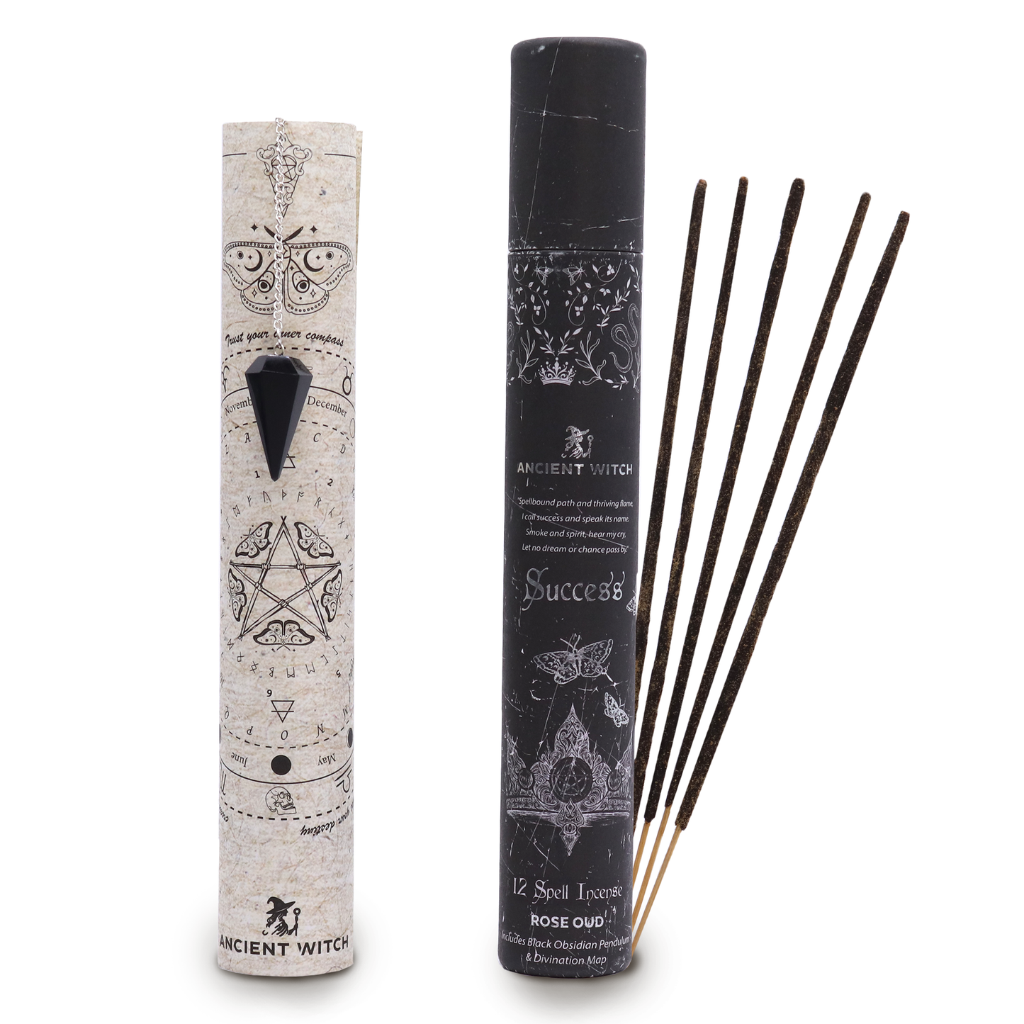 Ancient Witch Spell Incense, Map and Black Obsidian Pendulum Set - Success product packaging on clean background from Quintessential Holistic Health Ltd