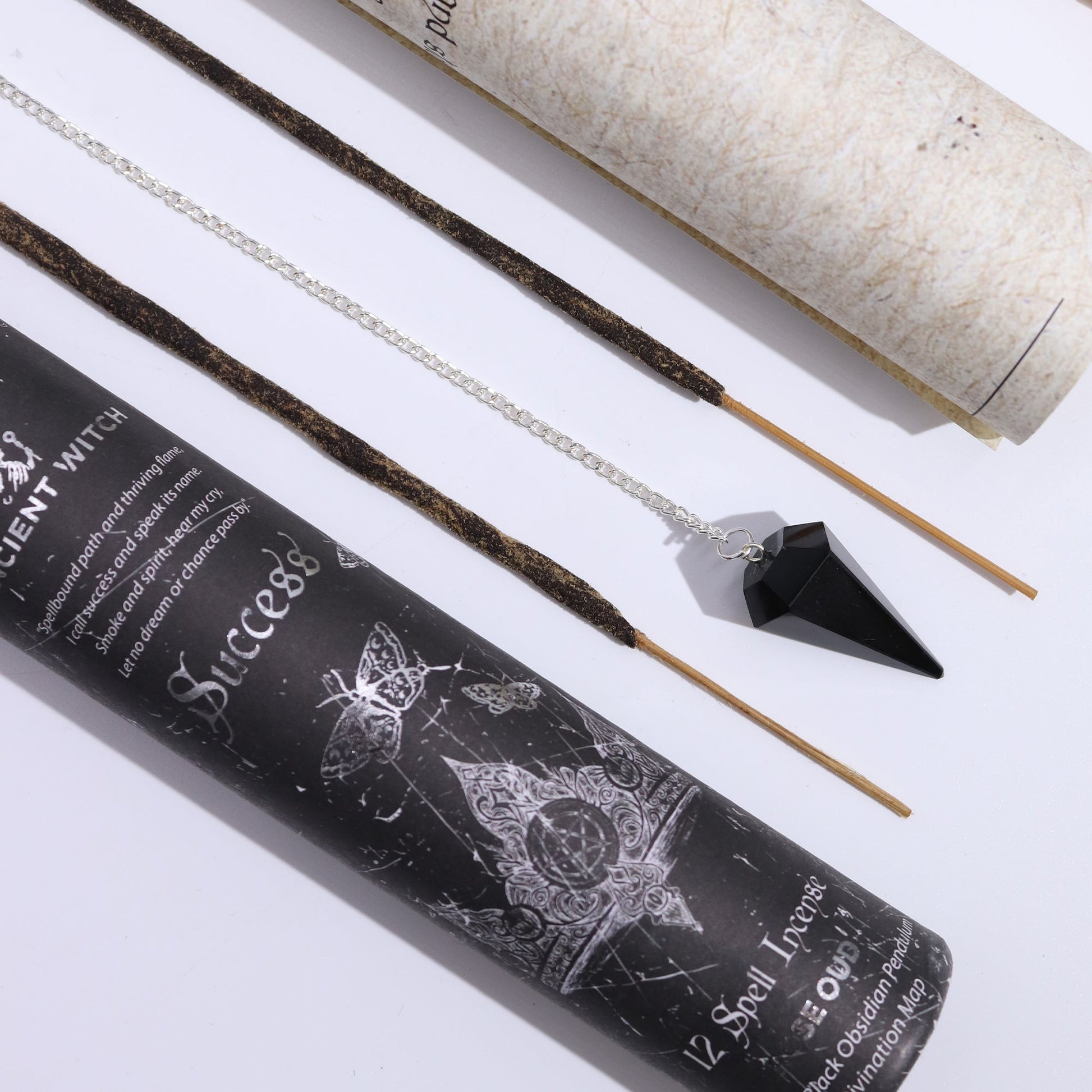 Ancient Witch Spell Incense, Map and Black Obsidian Pendulum Set - Success product packaging on clean background from Quintessential Holistic Health Ltd
