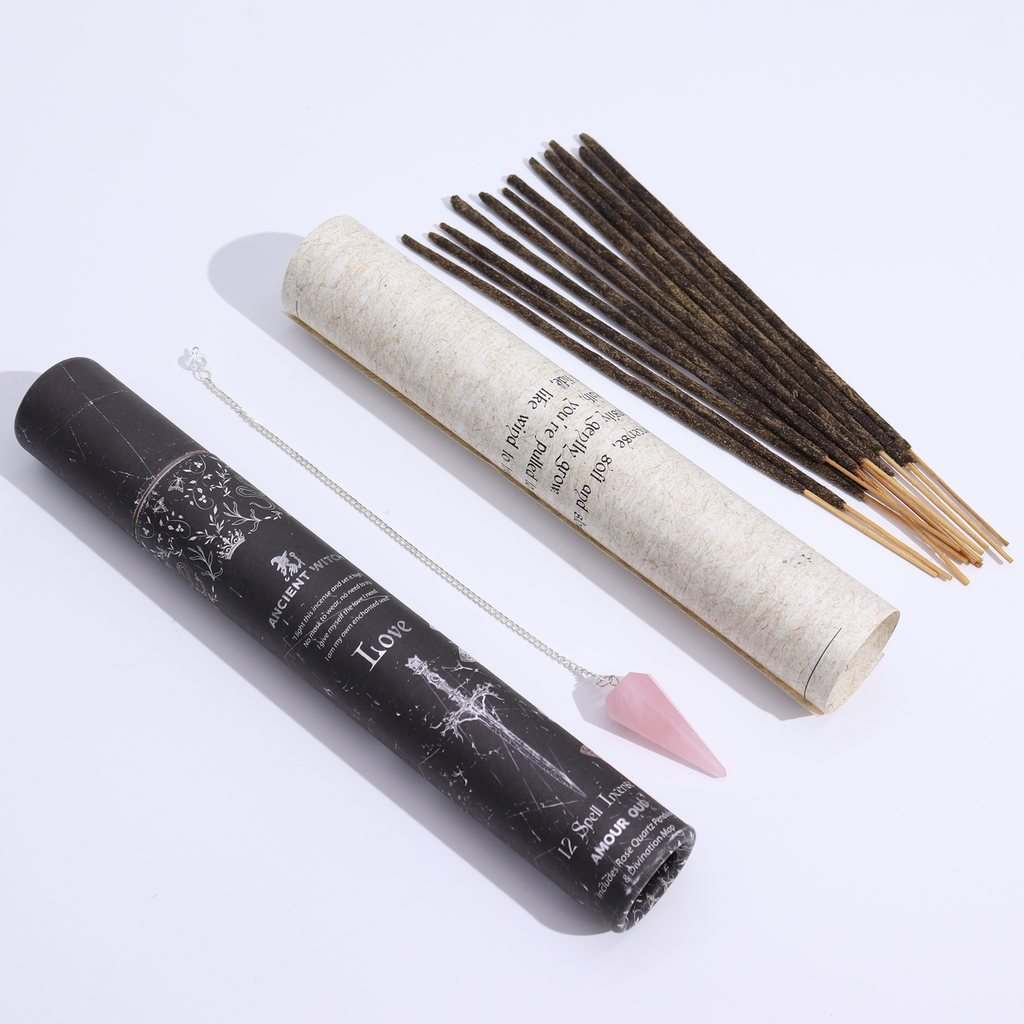 Ancient Witch Spell Incense, Map and Rose Quartz Pendulum Set - Love product packaging on clean background from Quintessential Holistic Health Ltd