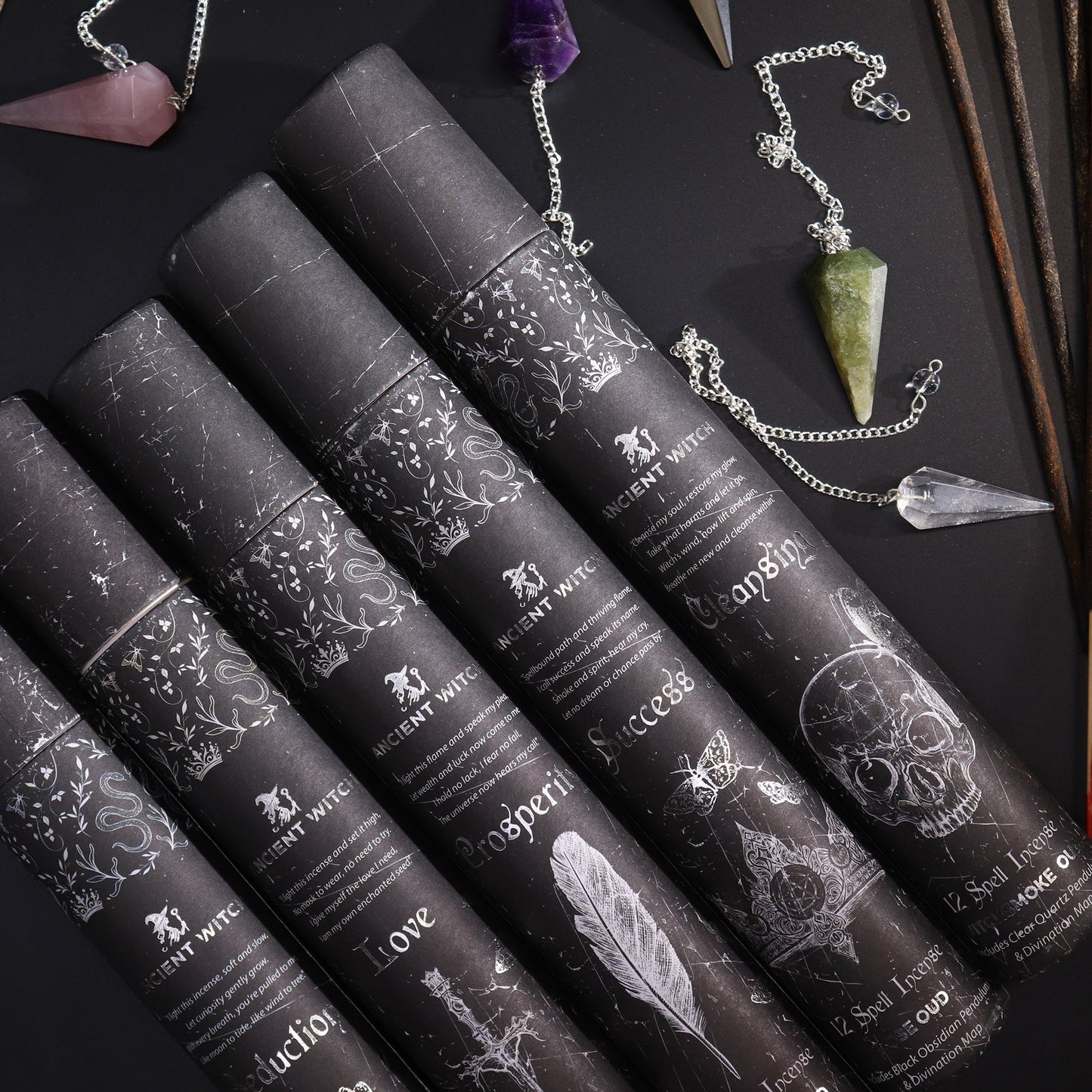 Ancient Witch Spell Incense, Map and Rose Quartz Pendulum Set - Love product packaging on clean background from Quintessential Holistic Health Ltd