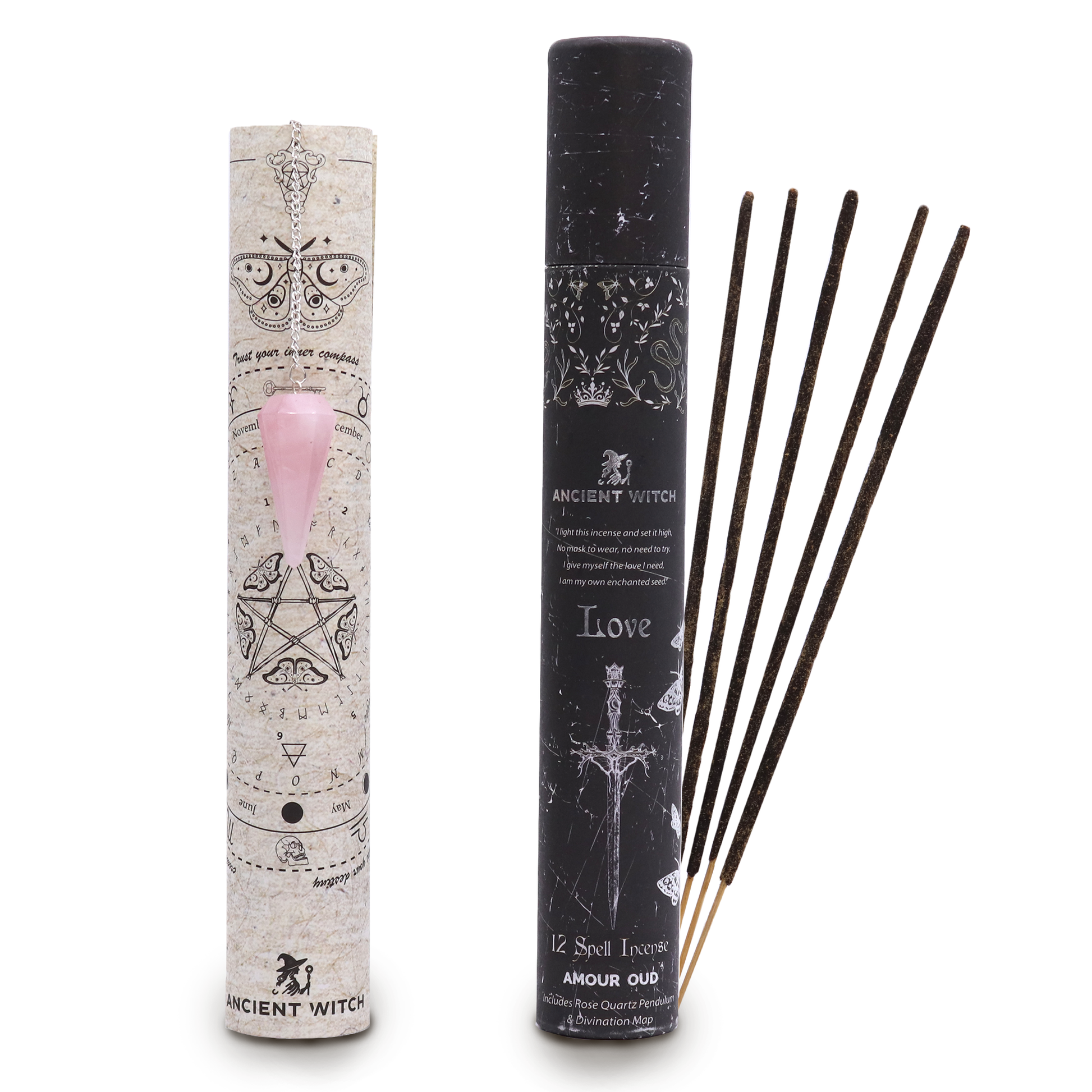 Ancient Witch Spell Incense, Map and Rose Quartz Pendulum Set - Love product packaging on clean background from Quintessential Holistic Health Ltd