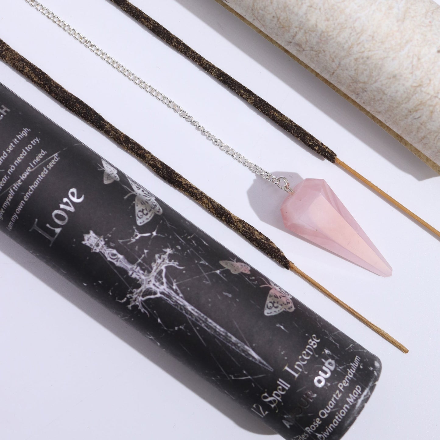 Ancient Witch Spell Incense, Map and Rose Quartz Pendulum Set - Love product packaging on clean background from Quintessential Holistic Health Ltd