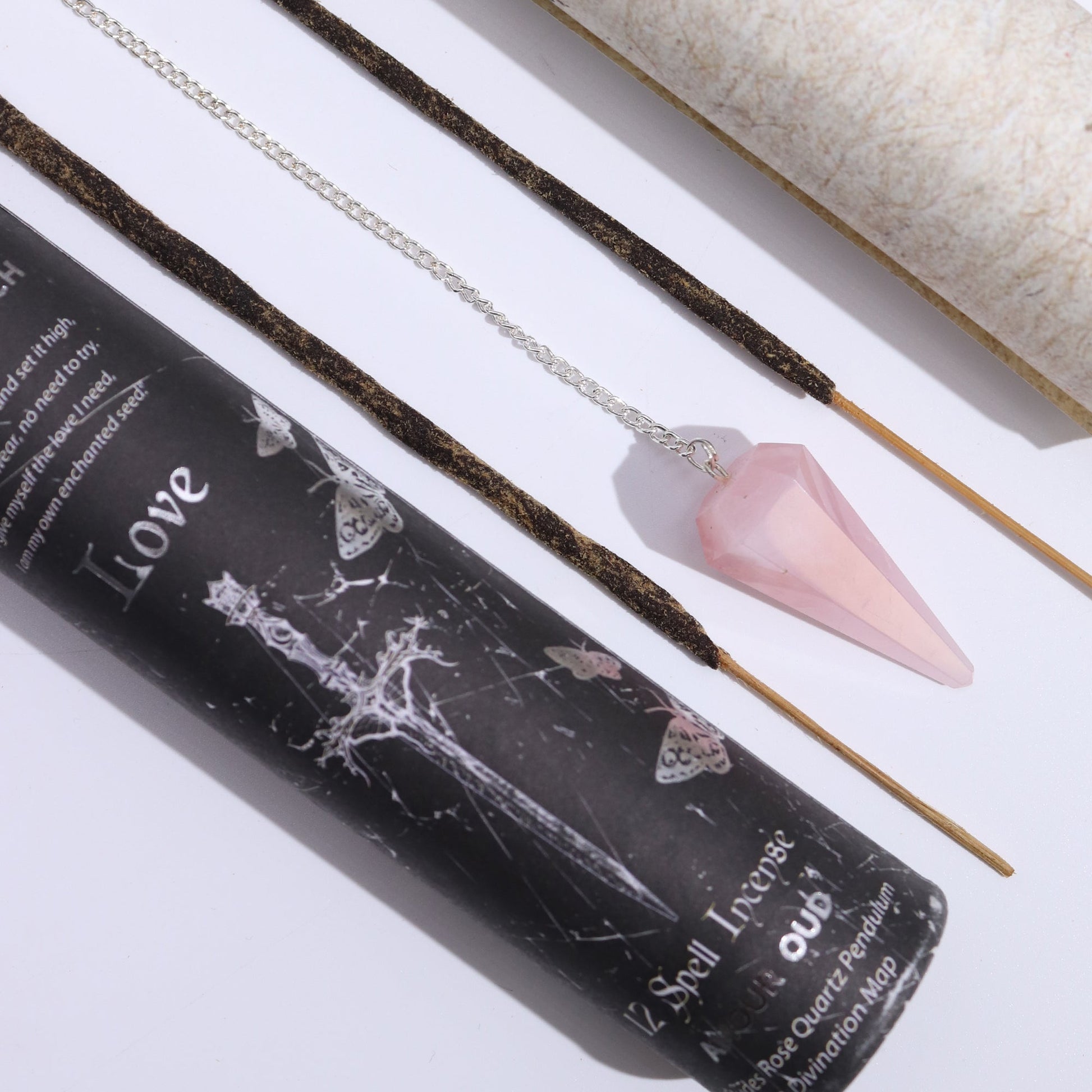 Ancient Witch Spell Incense, Map and Rose Quartz Pendulum Set - Love product packaging on clean background from Quintessential Holistic Health Ltd