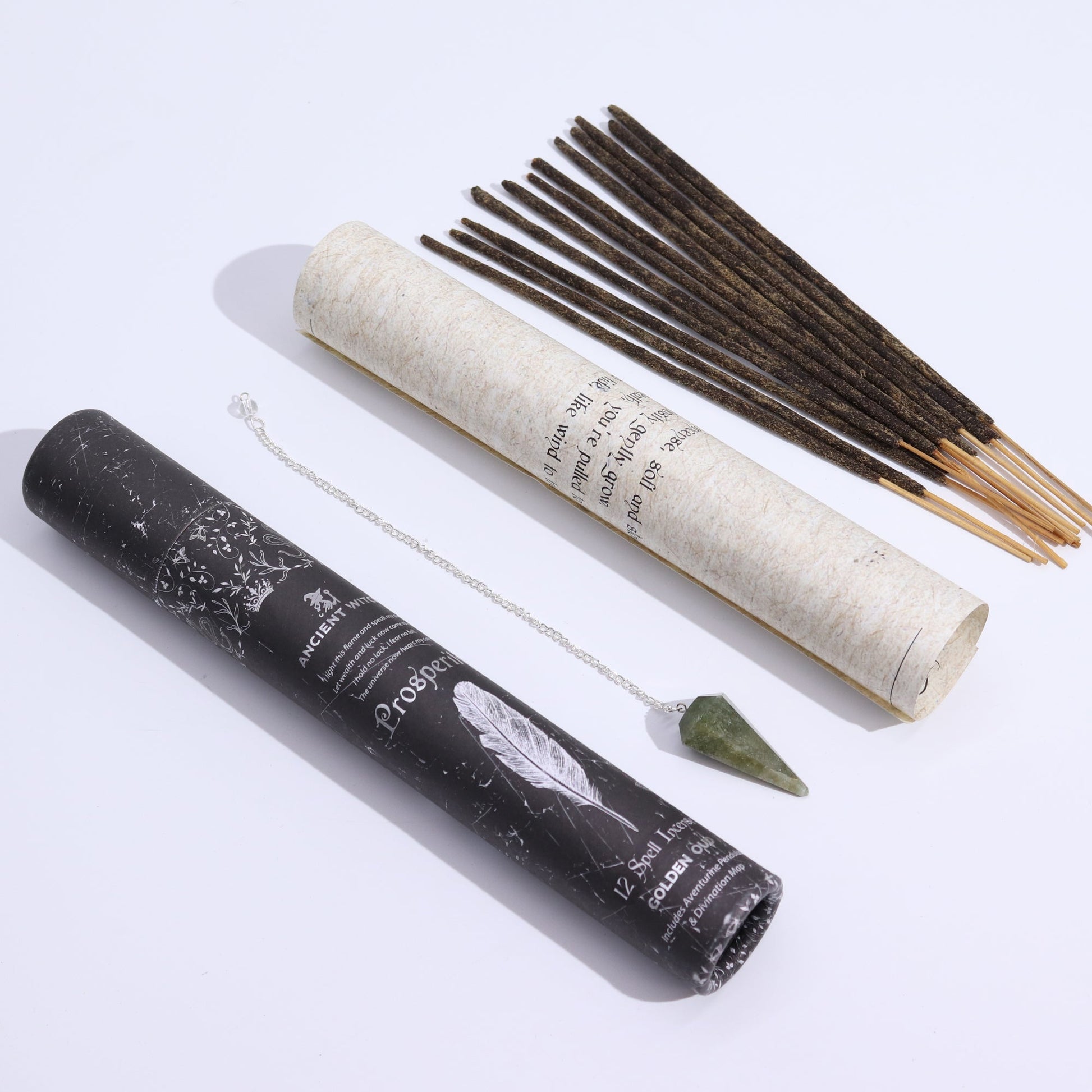 Ancient Witch Spell Incense, Map and Aventurine Pendulum Set - Prosperity product packaging on clean background from Quintessential Holistic Health Ltd