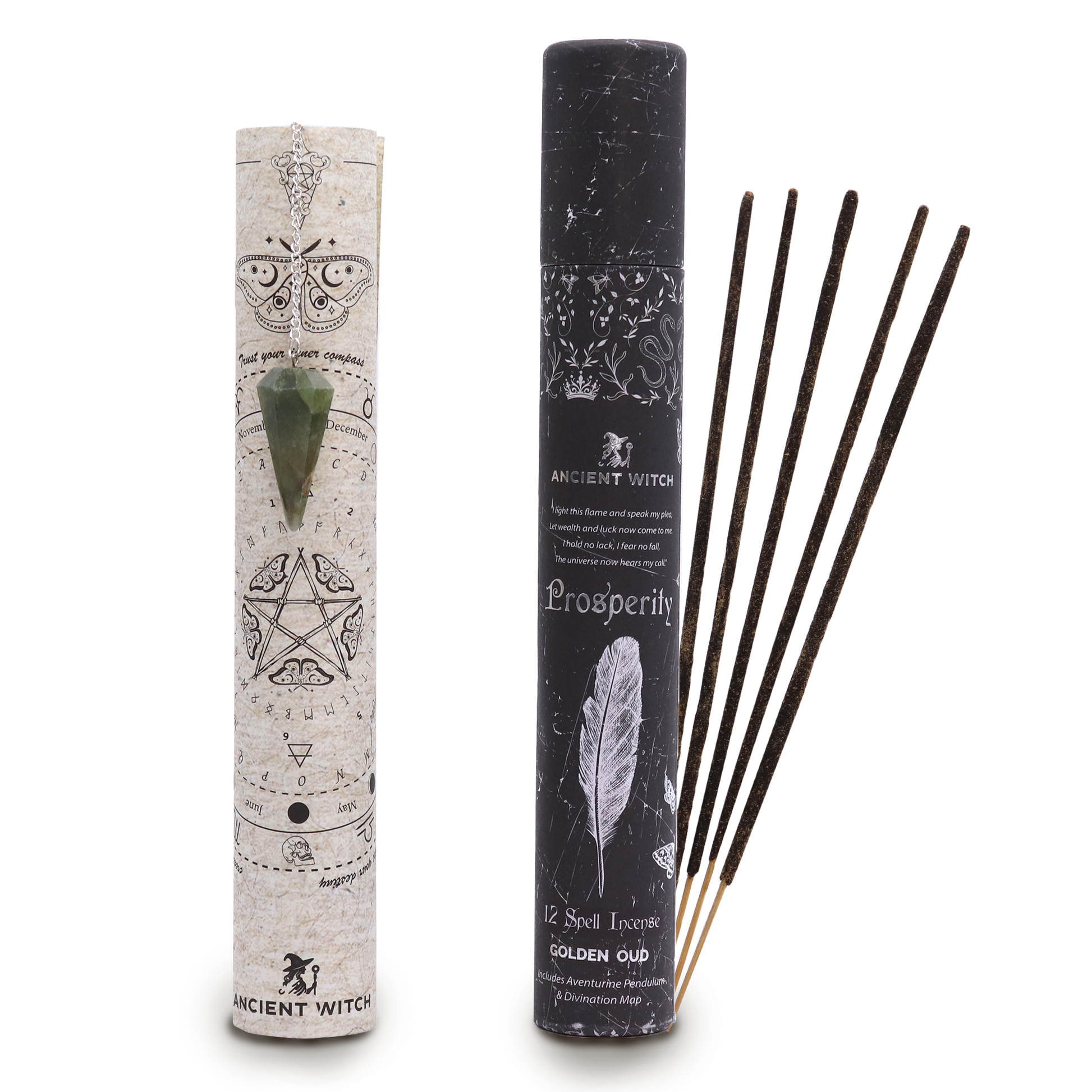 Ancient Witch Spell Incense, Map and Aventurine Pendulum Set - Prosperity product packaging on clean background from Quintessential Holistic Health Ltd
