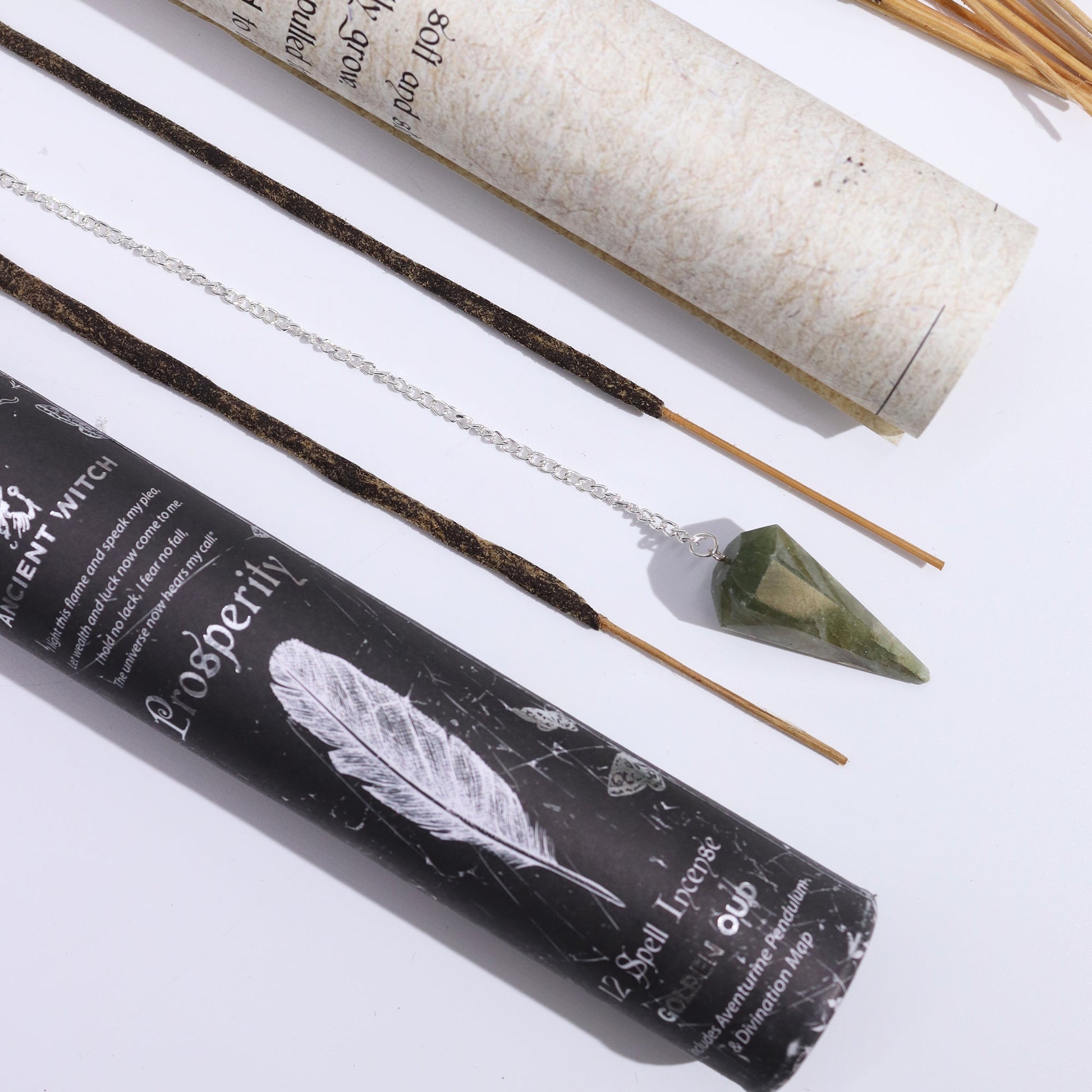 Ancient Witch Spell Incense, Map and Aventurine Pendulum Set - Prosperity product packaging on clean background from Quintessential Holistic Health Ltd