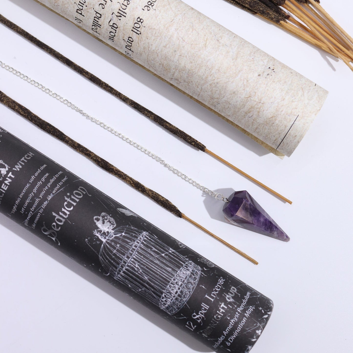 Ancient Witch Spell Incense, Map and Amethyst Pendulum Set - Seduction product packaging on clean background from Quintessential Holistic Health Ltd