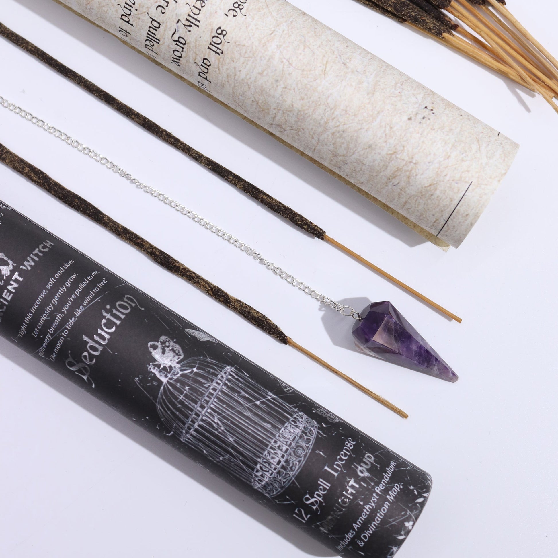 Ancient Witch Spell Incense, Map and Amethyst Pendulum Set - Seduction product packaging on clean background from Quintessential Holistic Health Ltd
