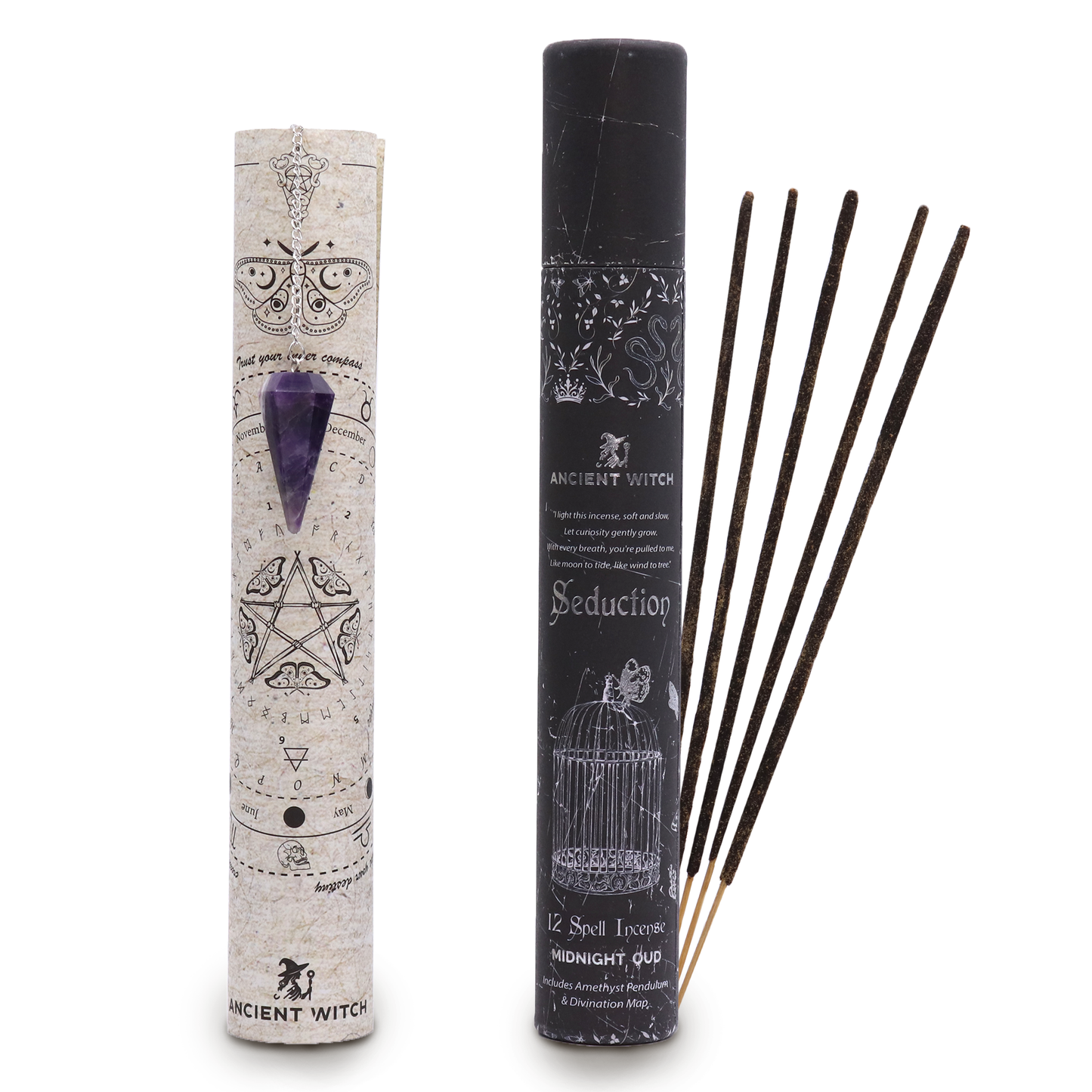 Ancient Witch Spell Incense, Map and Amethyst Pendulum Set - Seduction product packaging on clean background from Quintessential Holistic Health Ltd