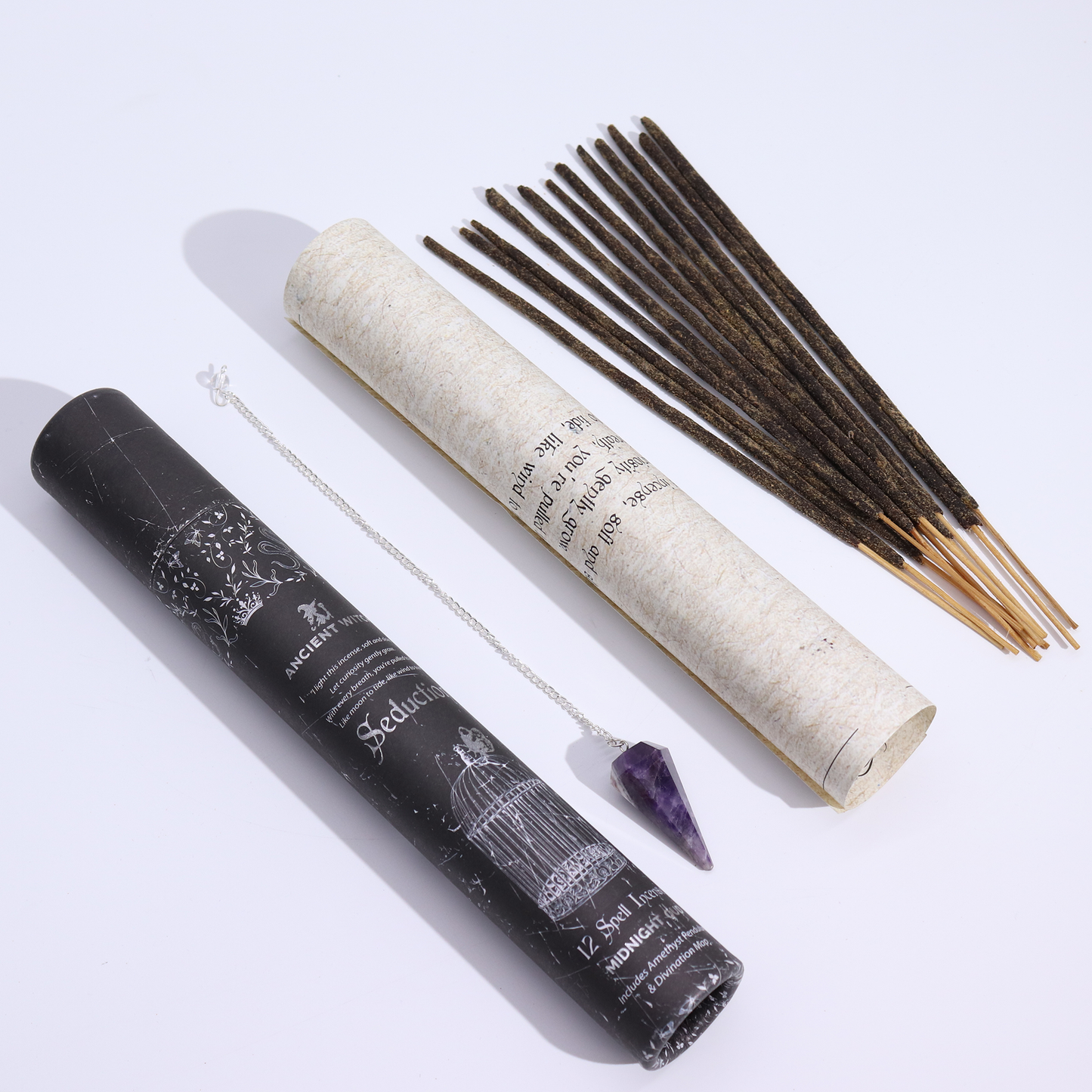 Ancient Witch Spell Incense, Map and Amethyst Pendulum Set - Seduction product packaging on clean background from Quintessential Holistic Health Ltd