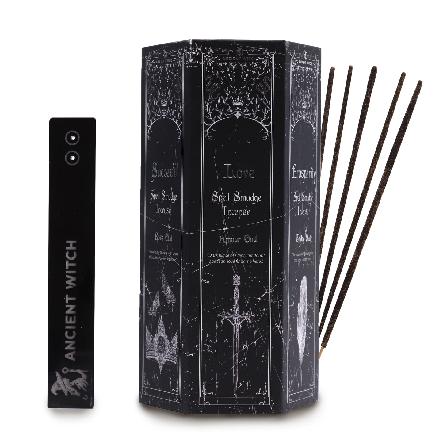 Ancient Witch Pyramid Shaped Spell Incense, Map and Crystal Pendulums Full Set - Cleansing / Success / Love / Prosperity and Seduction product packaging on clean background from Quintessential