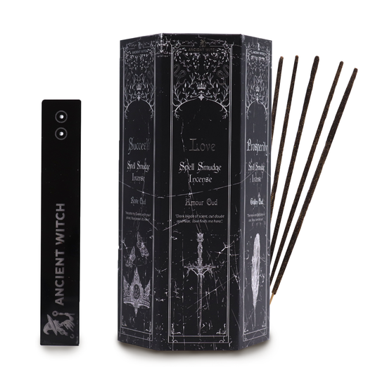 Ancient Witch Pyramid Shaped Spell Incense, Map and Crystal Pendulums Full Set - Cleansing / Success / Love / Prosperity and Seduction product packaging on clean background from Quintessential