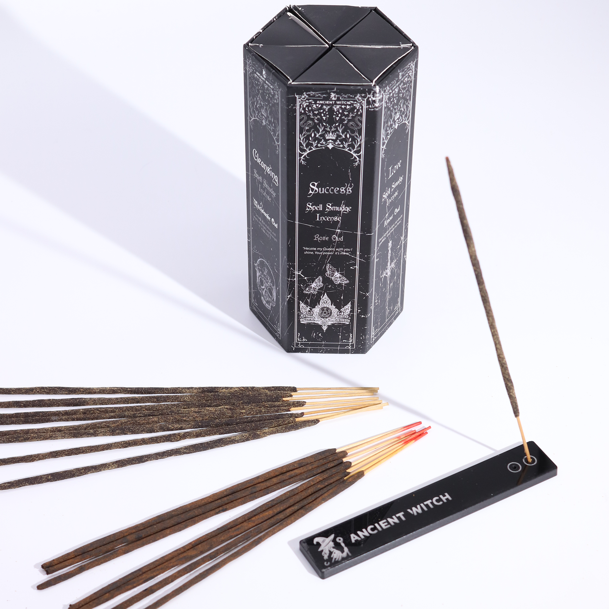 Ancient Witch Pyramid Shaped Spell Incense, Map and Crystal Pendulums Full Set - Cleansing / Success / Love / Prosperity and Seduction product packaging on clean background from Quintessential