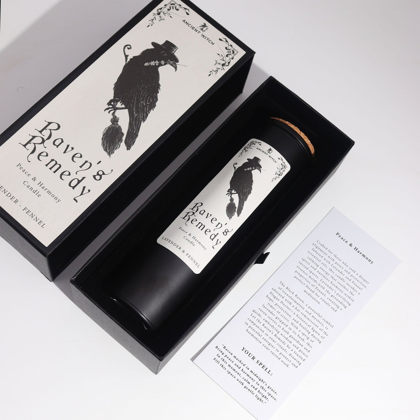 Ancient Witch Ritual Candles - Ravens Remedy / Peace and Harmony product packaging on clean background from Quintessential Holistic Health Ltd