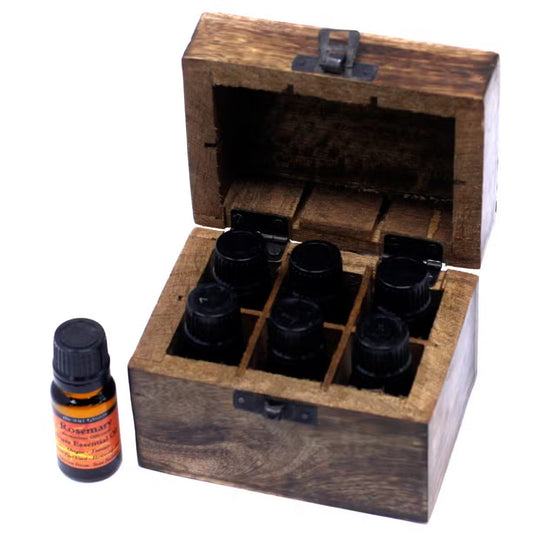 Mango Wood Hand Carved Aromatherapy Essential Oil Box - Floral Design for 6 Bottles