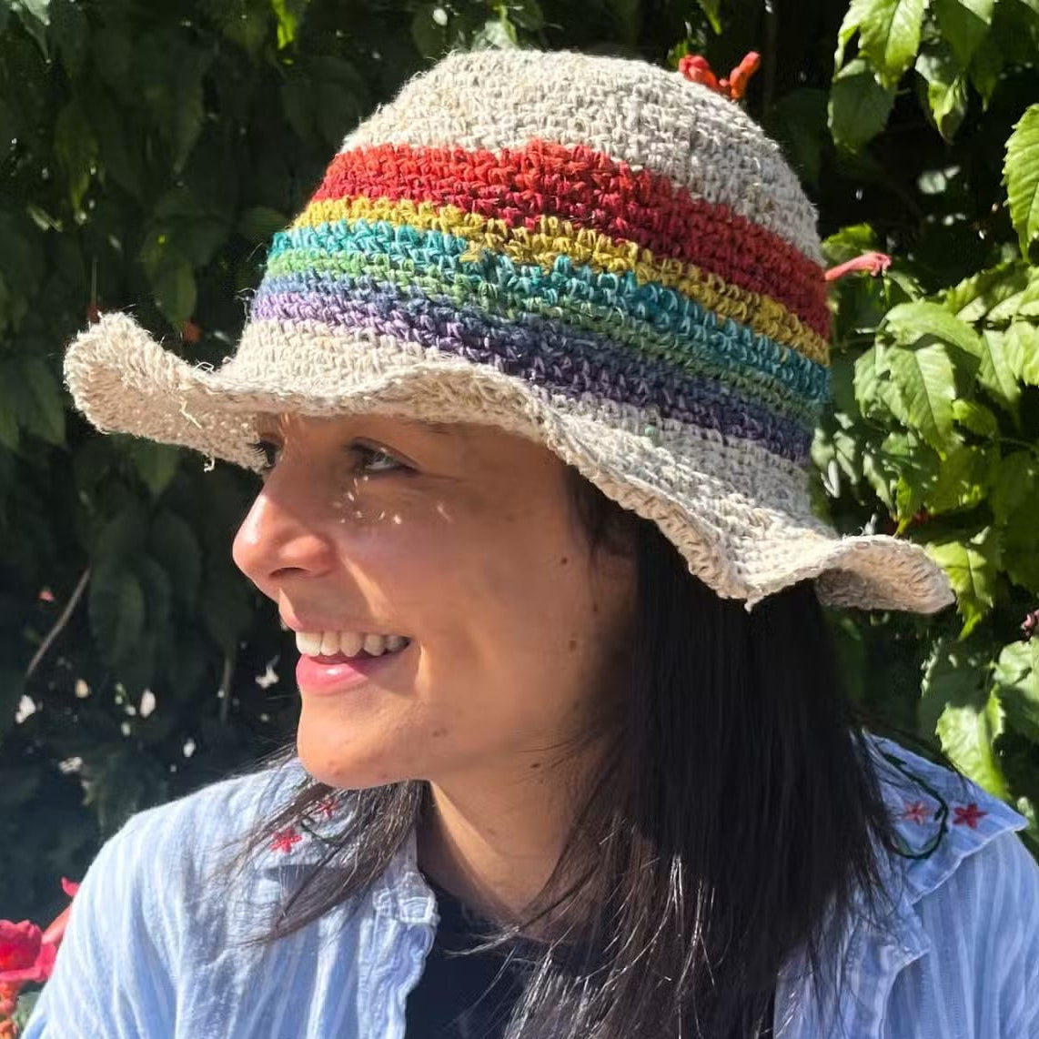 Hand Knitted Eco-Friendly Hemp and Cotton Unisex Boho Festival Hat - Rainbow