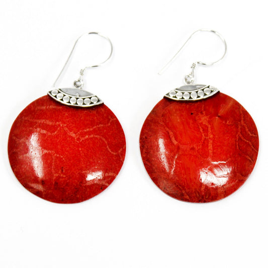 Handmade Red Coral Resin and 925 Silver Earrings - Classic Disc