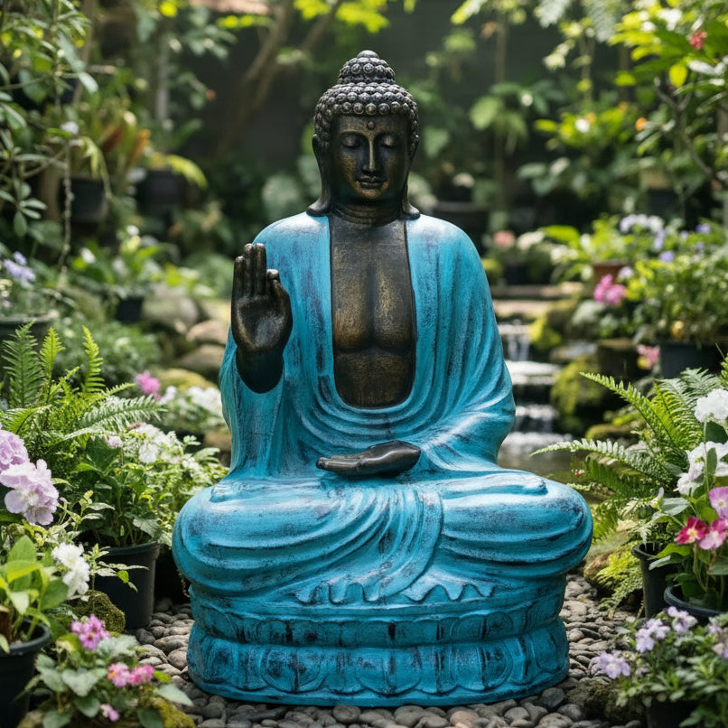 Handmade Concrete and Resin Buddha Teaching in a Lotus Position Statue - Large / 2m Tall / Turquoise and Stone