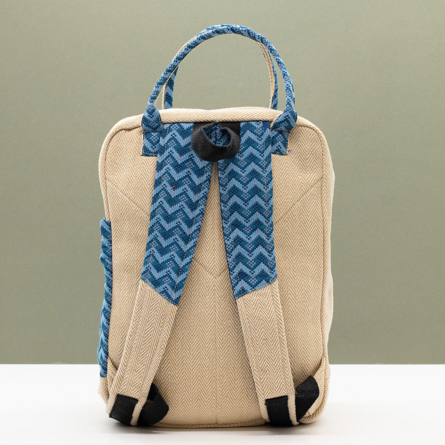 Large Kathmandu hemp backpack with blue Dhaka design, alternate product view 12 from Quintessential Holistic Health.