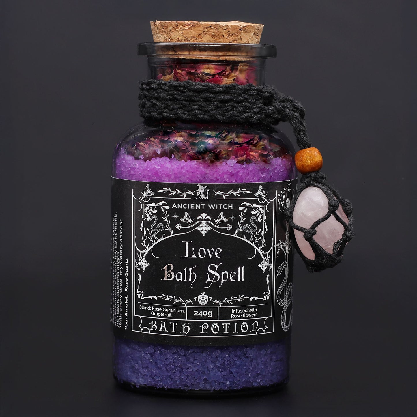 Handmade Vegan-Friendly Bath Spell Potion and Rose Quartz Crystal Amulet - Love