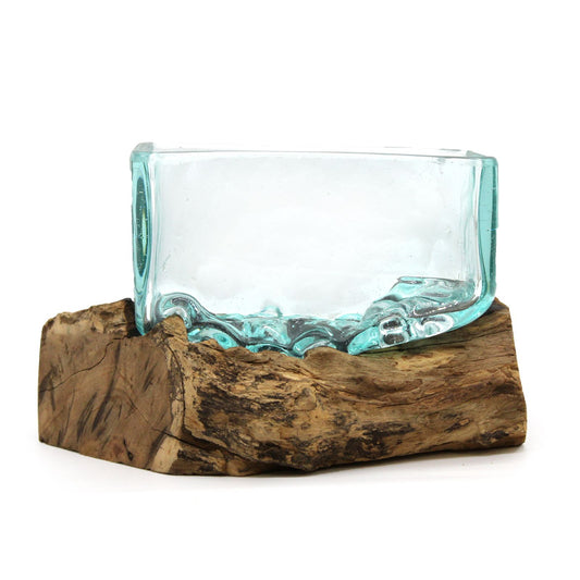 Handmade Molten Recycled Glass Vase on Wood - Rectangular / Clear / Light Blue