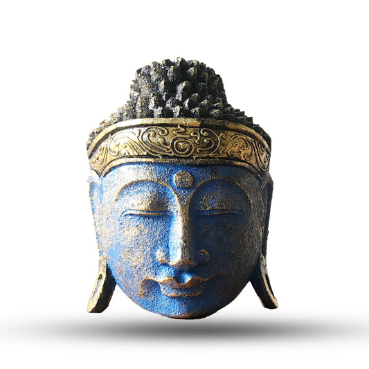Hand Carved Alabasia Wooden Buddha Head - Blue and Gold