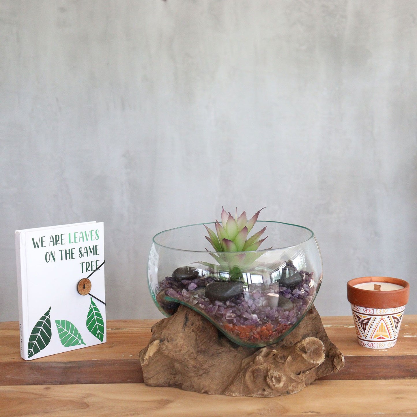 Handmade Molten Recycled Glass Bowl / Vase on Wood - Large / Round / Clear / Light Blue