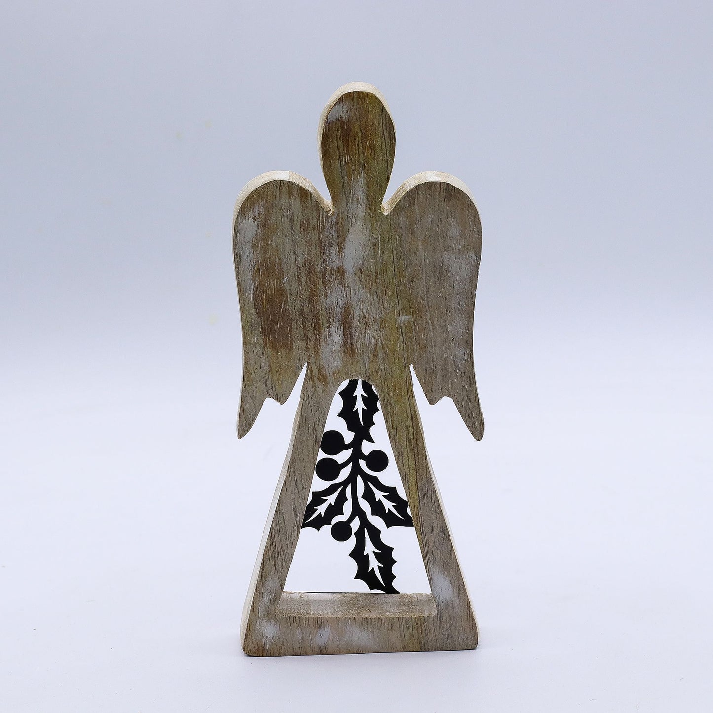 Hand Carved Mango Wooden Angel and Iron Holly - Whitewash