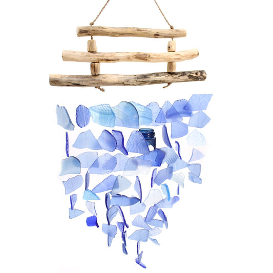 Handmade Driftwood and Recycled Glass Wind Chime - Three Stick / Blue