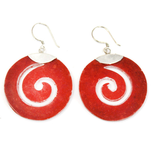 Handmade Red Coral Resin and 925 Silver Earrings - Swirl