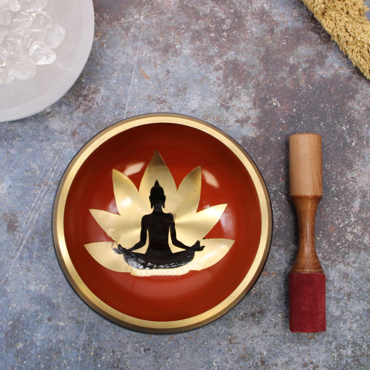 14cm Brass Singing Bowl Set- Buddha / Black and Orange