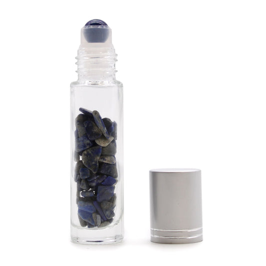 Sodalite 10ml gemstone roller bottle with silver cap and visible stone pieces, product detail view from Quintessential Holistic Health.