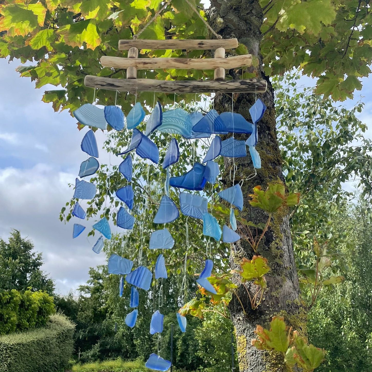 Handmade Driftwood and Recycled Glass Wind Chime - Three Stick / Blue