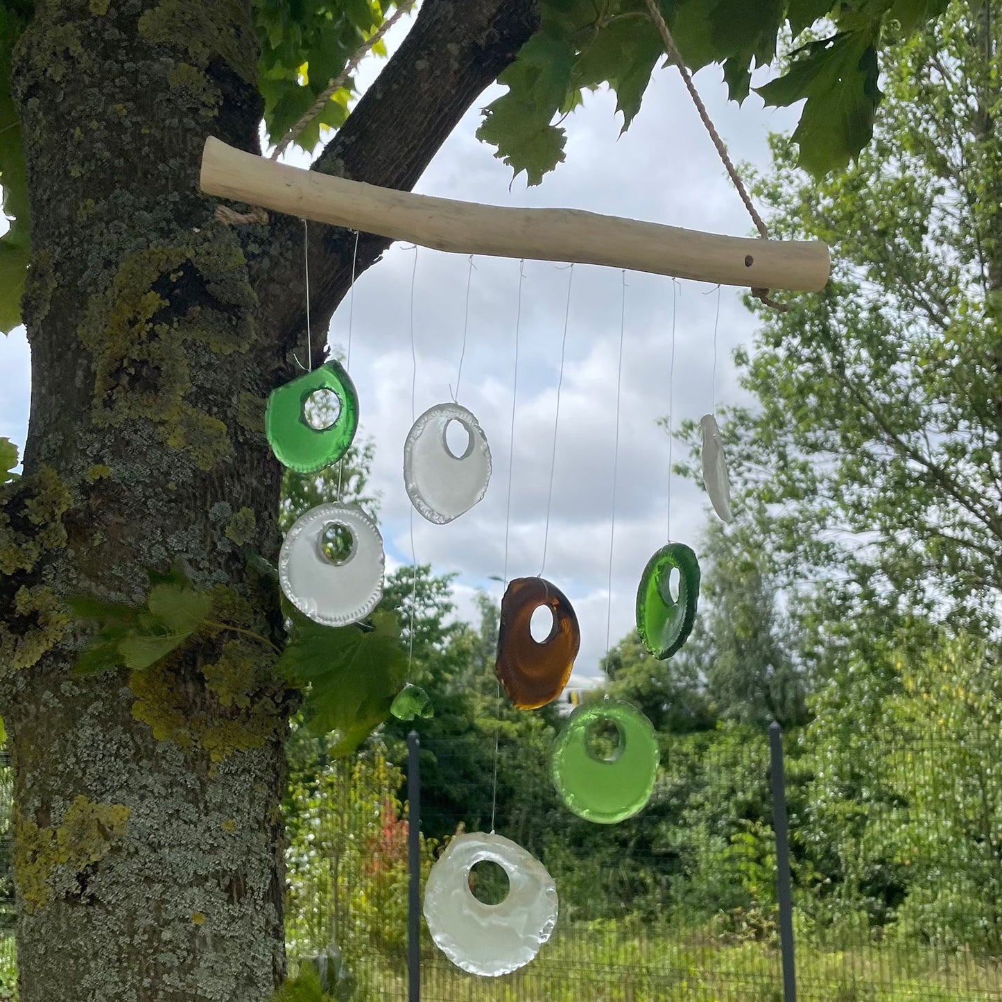 Handmade Driftwood and Recycled Glass Wind Chime - Bottle Bottoms / Multicoloured