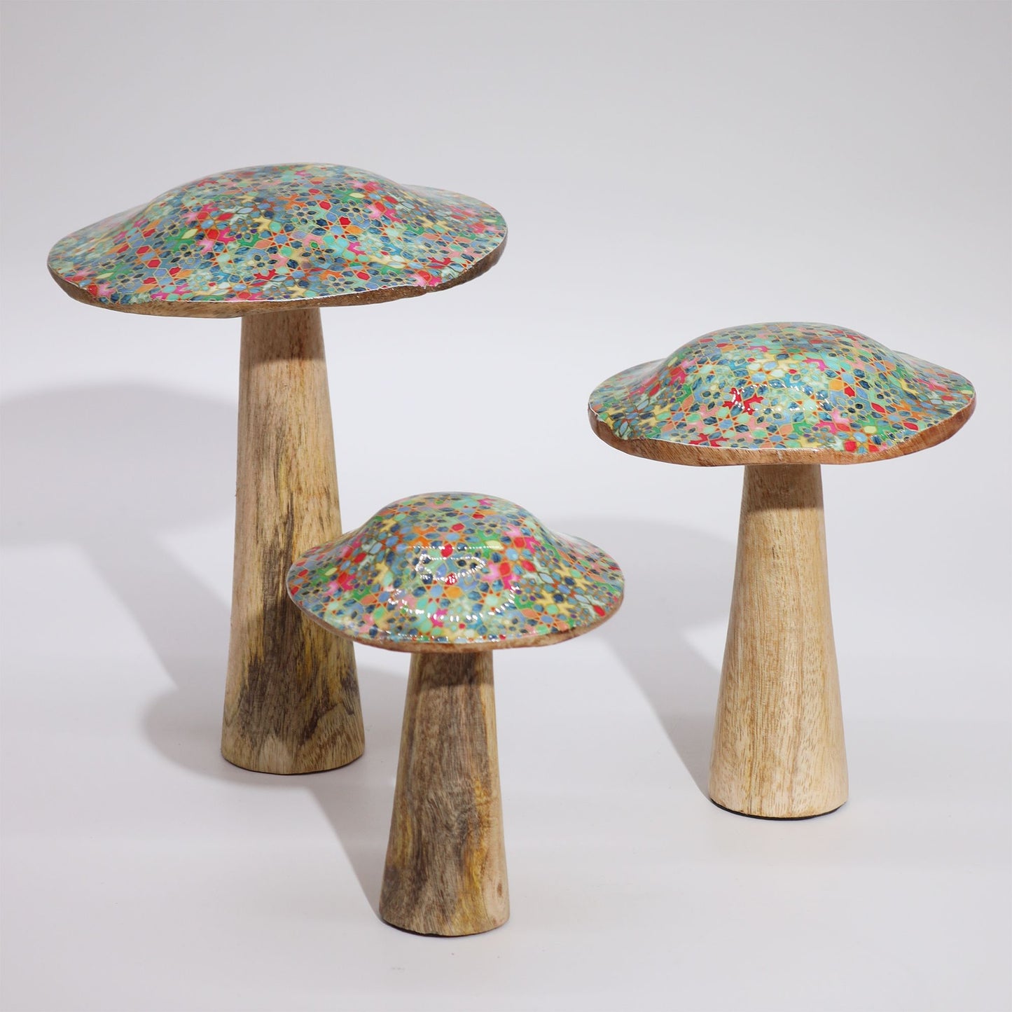 Handcrafted Enamel Wooden Mushroom - Medium / Mediterranean Tile Pattern