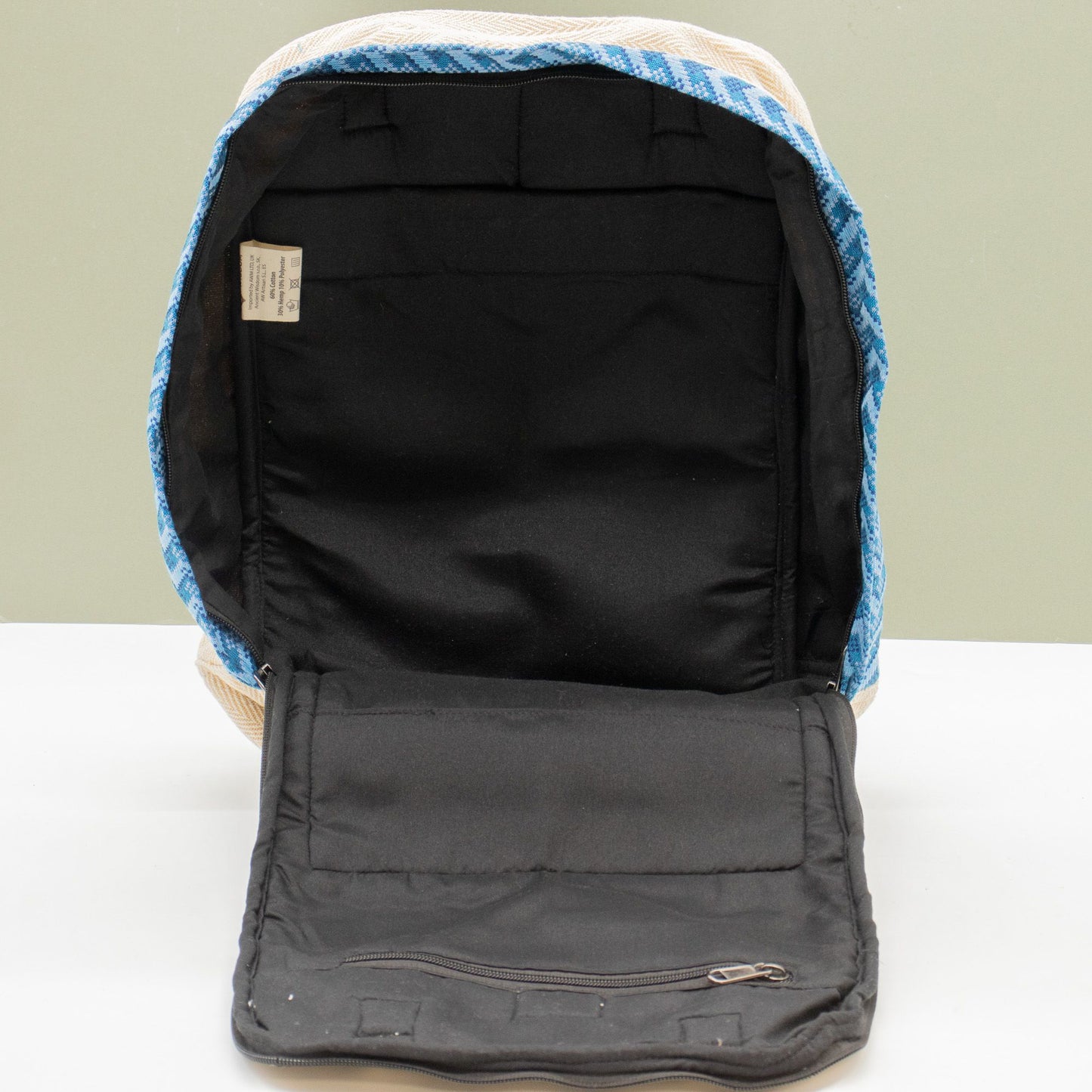 Large Kathmandu hemp backpack with blue Dhaka design, alternate product view 7 from Quintessential Holistic Health.