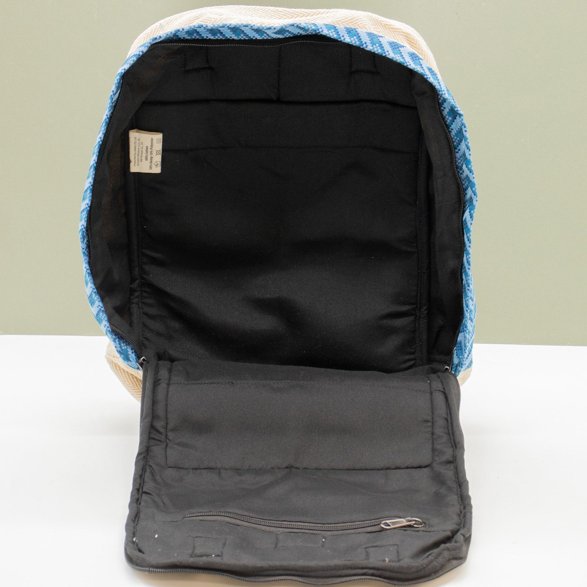 Large Kathmandu hemp backpack with blue Dhaka design, alternate product view 7 from Quintessential Holistic Health.