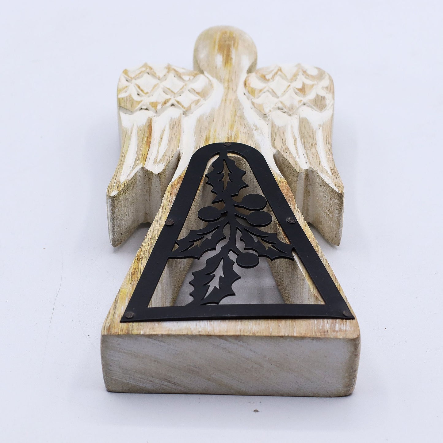 Hand Carved Mango Wooden Angel and Iron Holly - Whitewash