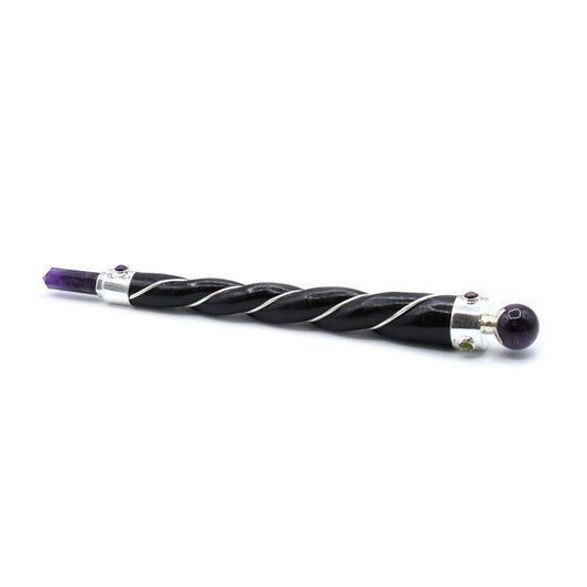 Handmade Twisted Teak Wooden Healing Wand - Silver Amethyst Gemstone