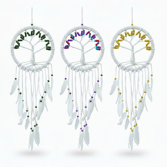 3 x Hand Crafted Boho Style Macrame Tree of Life Dreamcatchers - Large / Assorted Colours