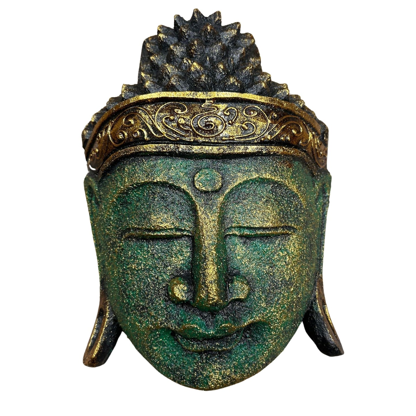 Hand Carved Alabasia Wooden Buddha Head  - Green and Gold