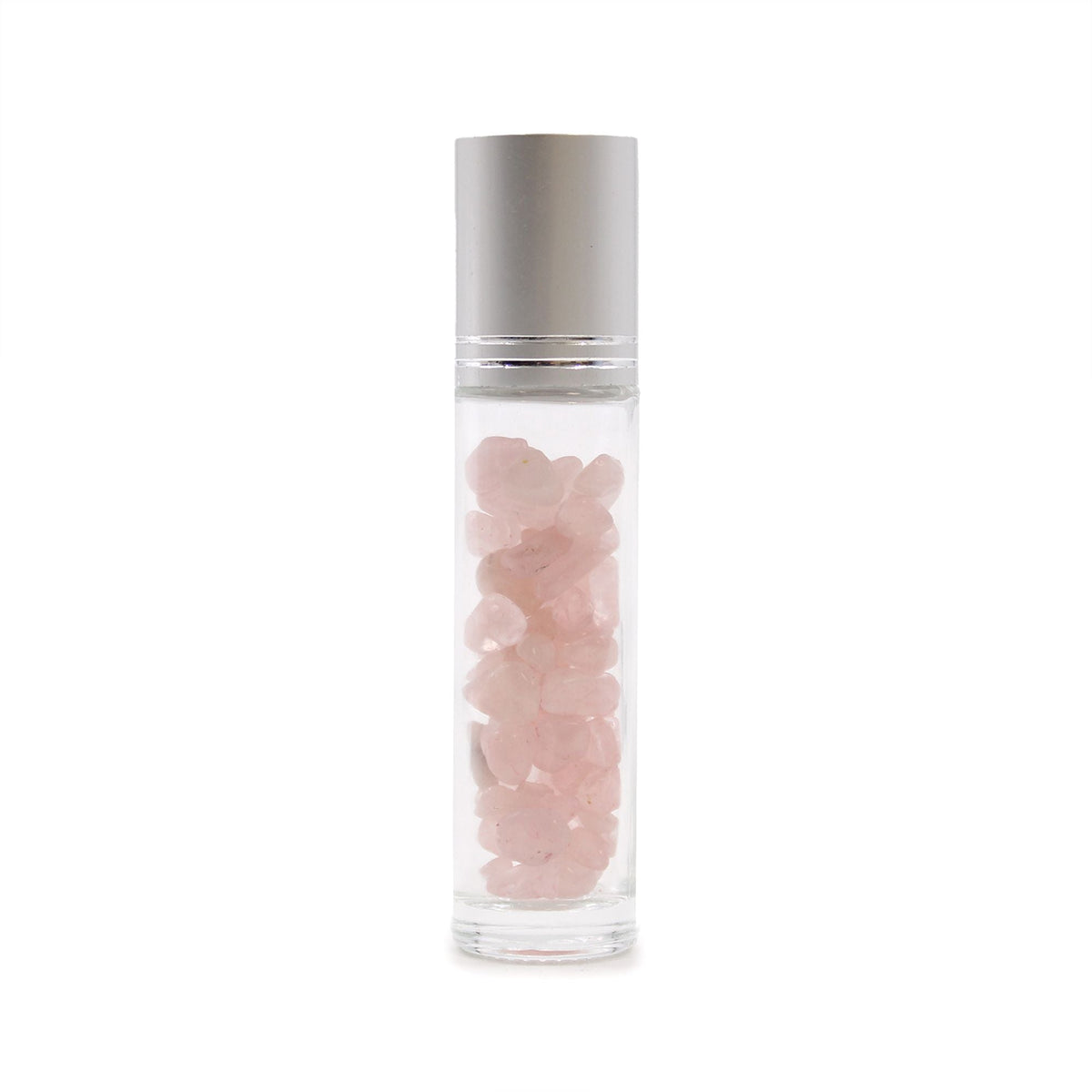 Rose Quartz 10ml gemstone roller bottle with silver cap and visible stone pieces, main product view from Quintessential Holistic Health.