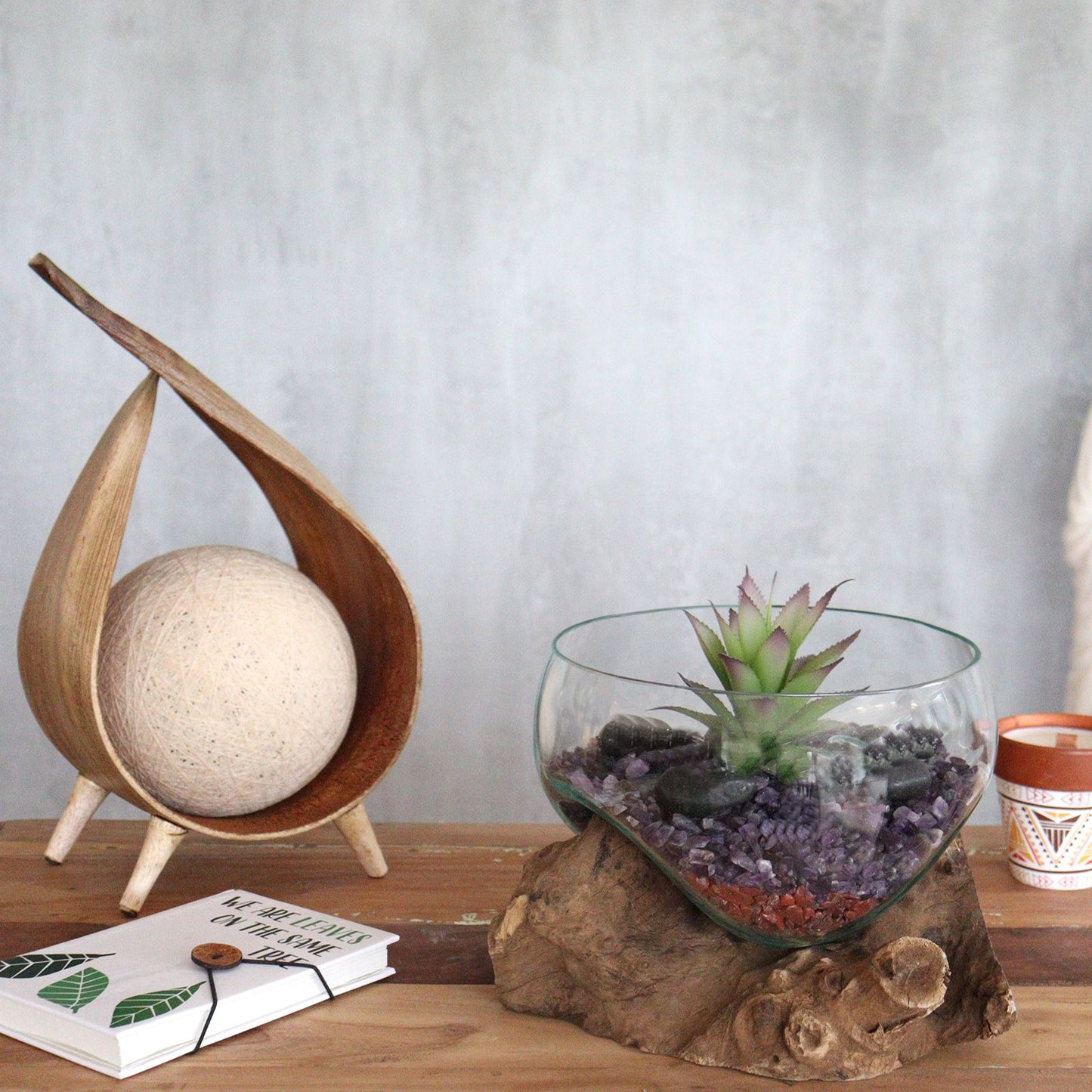 Handmade Molten Recycled Glass Bowl / Vase on Wood - Large / Round / Clear / Light Blue