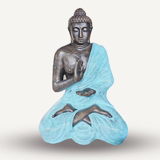 Handmade Concrete and Resin Buddha Meditating in a Stupa Pose Statue - Medium / 1.5m Tall / Turquoise and Stone