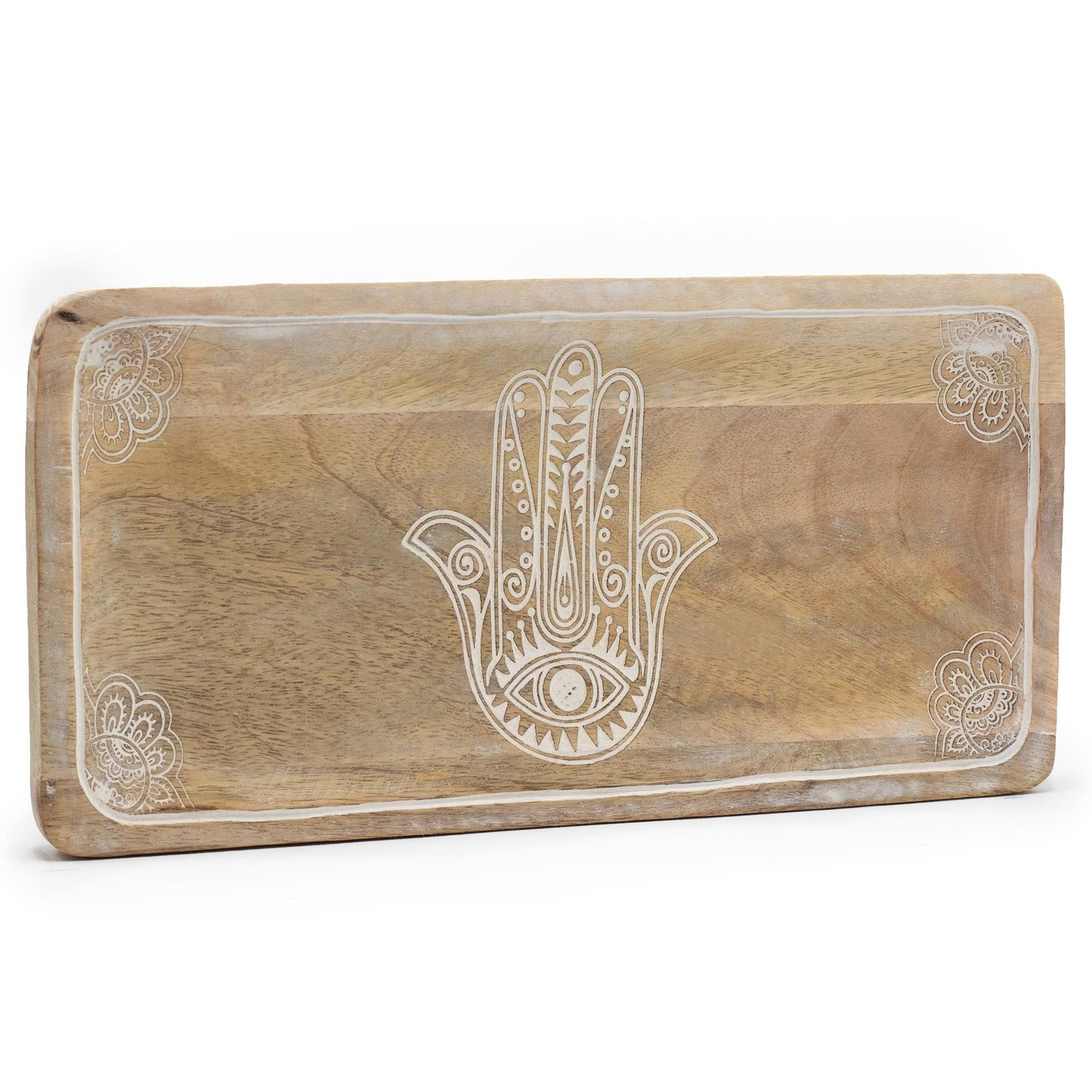 Natural Mango Wooden Tray - Rectangular / Whitewash / Hamsa