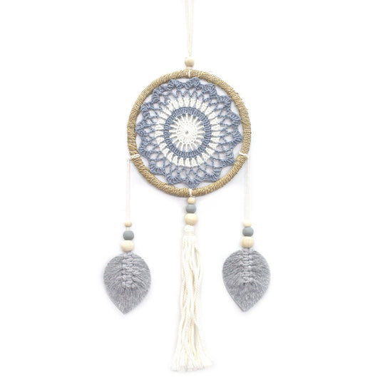 Eco-Friendly Hand Crafted Rattan and Cotton with Wooden Beaded Dreamcatcher- Medium / Elemental Spirits / Grey