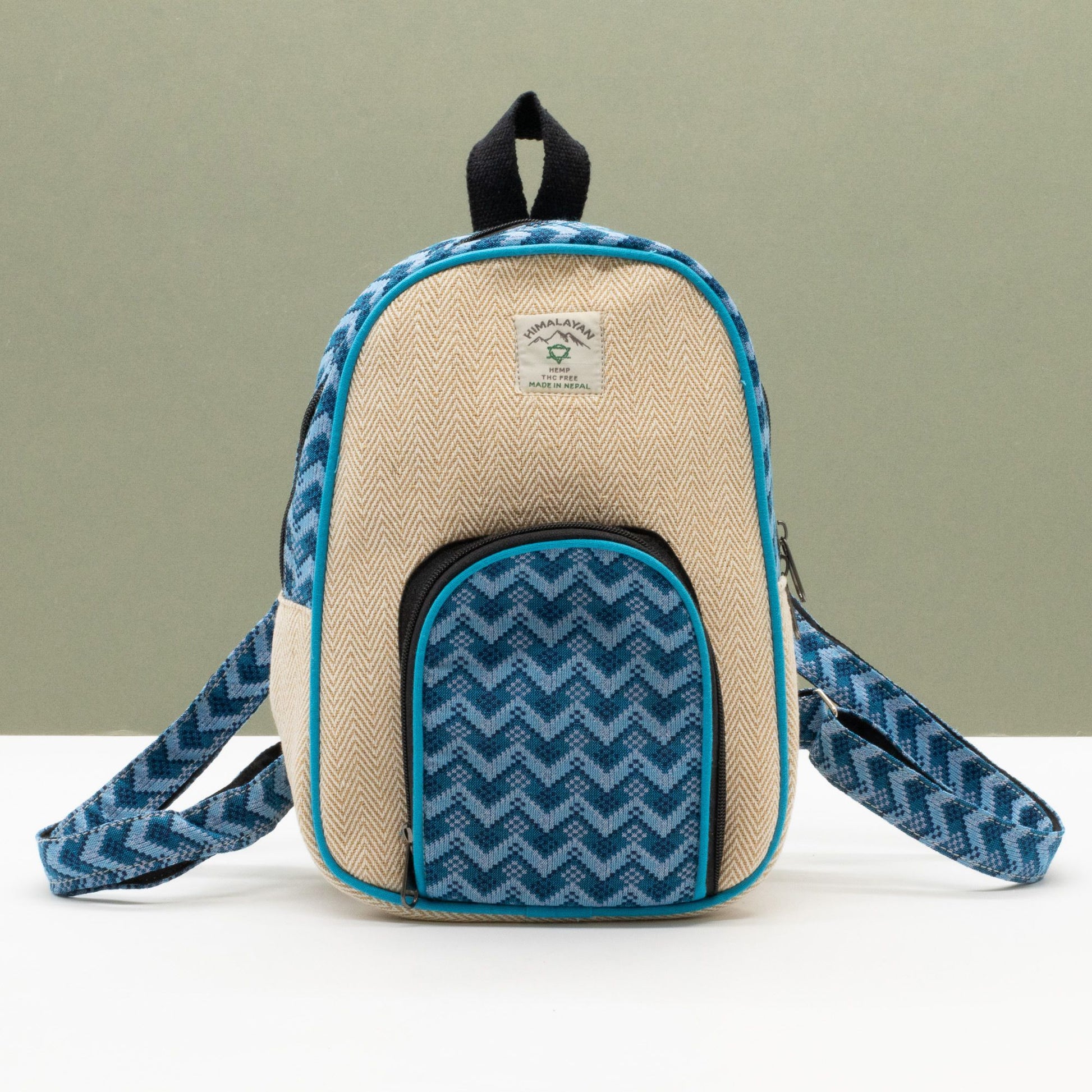 Medium Kathmandu hemp backpack with blue Dhaka design, alternate product view 3 from Quintessential Holistic Health.