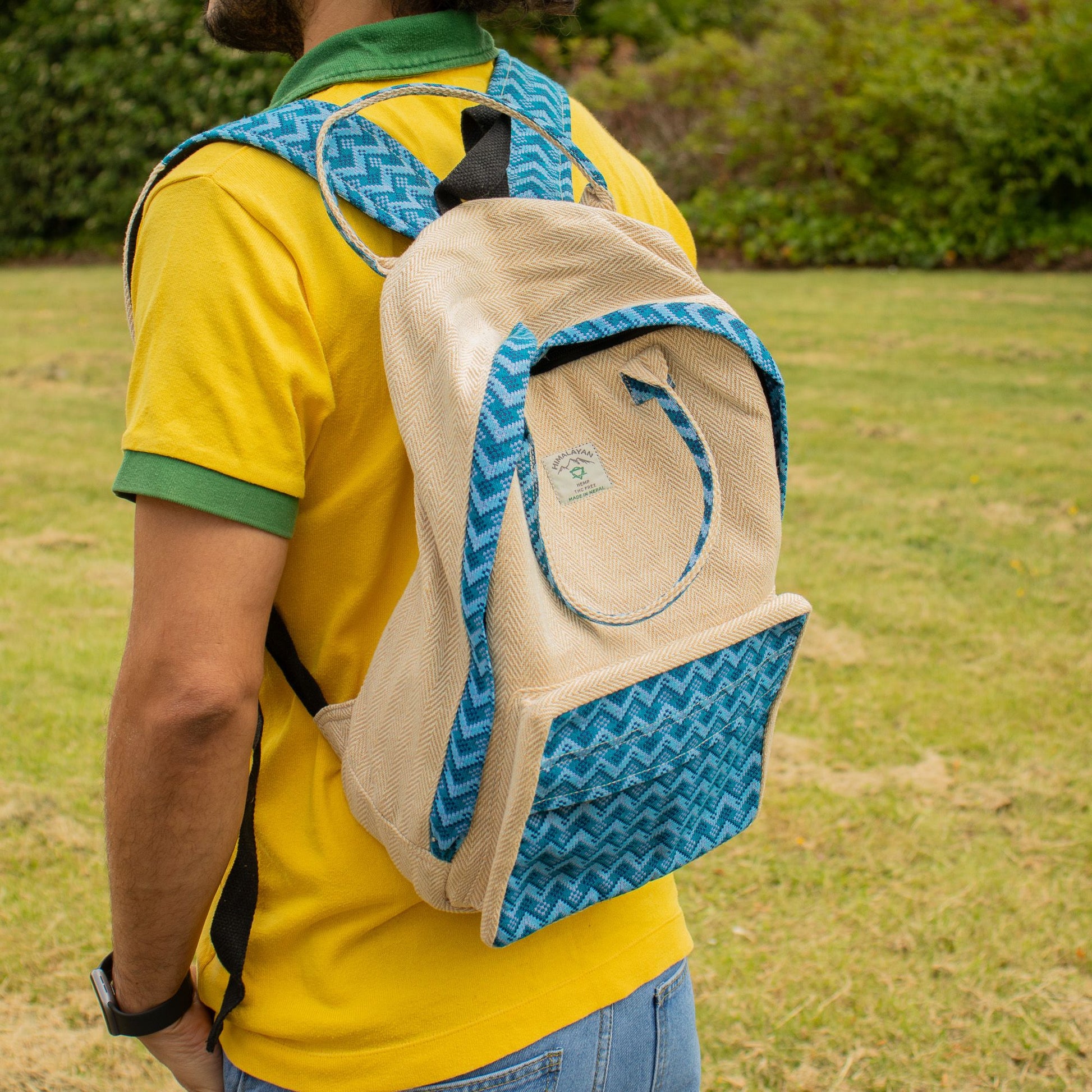Large Kathmandu hemp backpack with blue Dhaka design, alternate product view 4 from Quintessential Holistic Health.