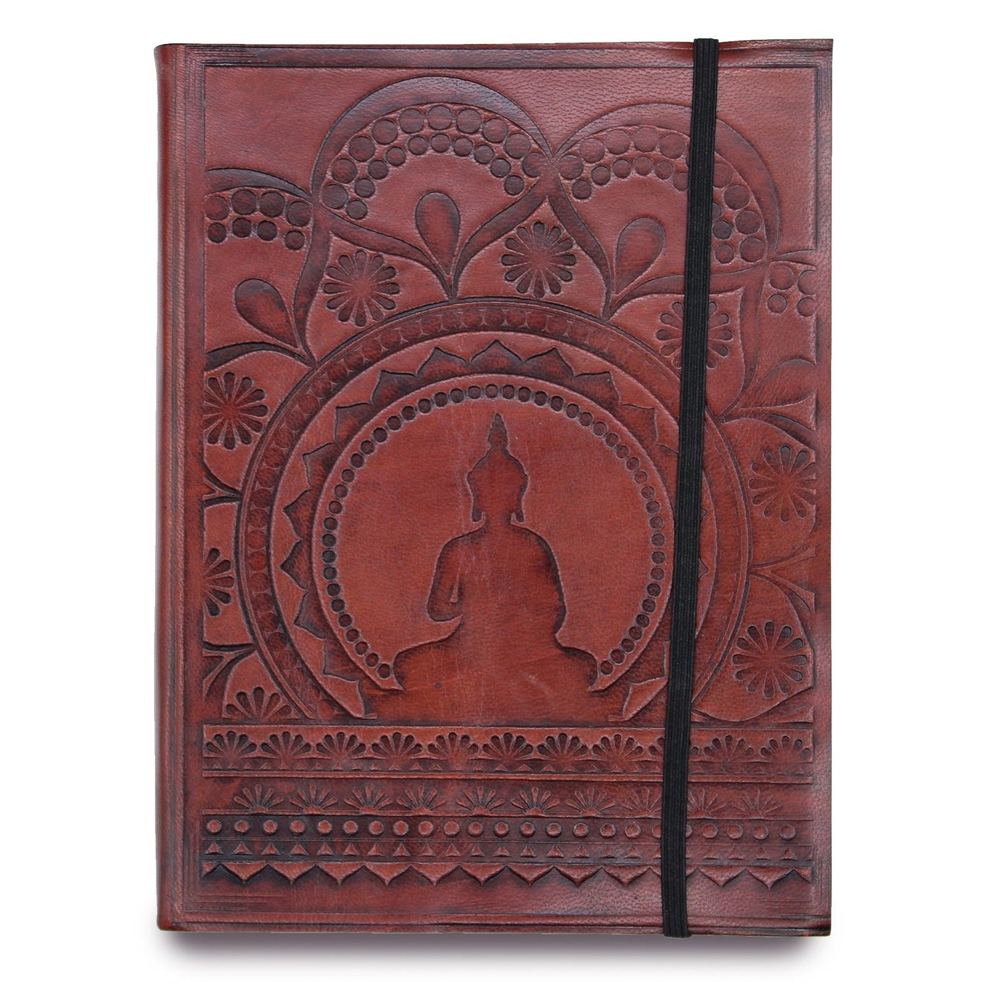 Handmade Vegetable Tanned Leather-Bound Eco-Friendly Notebook with Wrap - Large / Burgundy / Tibetan Mandala